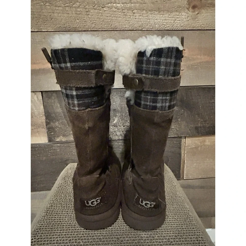 Ugg  Girls Winter Tall Maura Brown Suede Plaid Buckle‎ Zipper Boot Size 1 3286